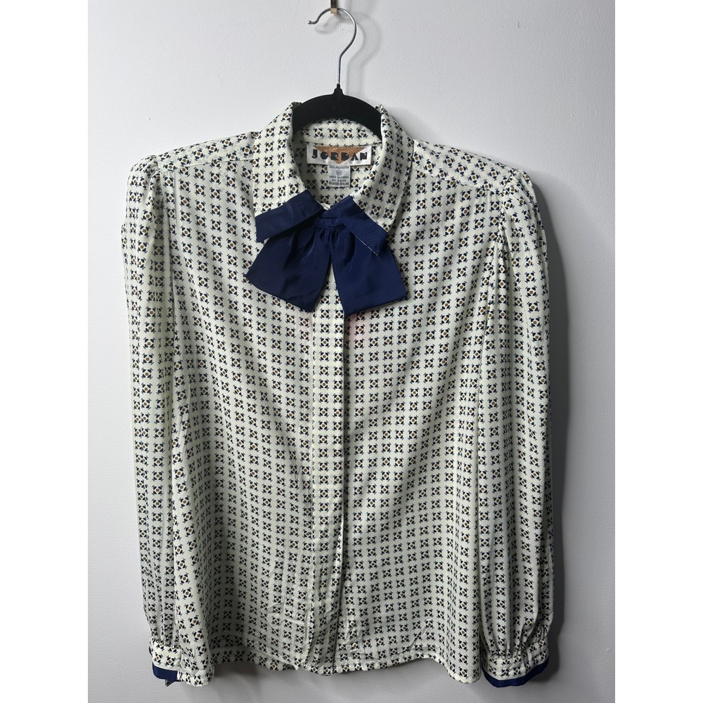 Vintage Jordan Women Navy Cream Geometric Bow Tie Secretary Blouse Size 10